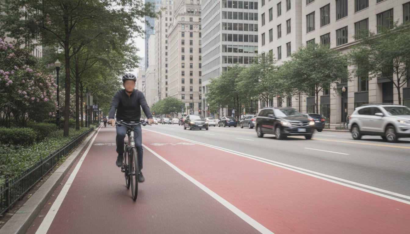 Ciclista com capacete conduzindo bicicleta elétrica em ciclovia delimitada de vermelho na avenida.