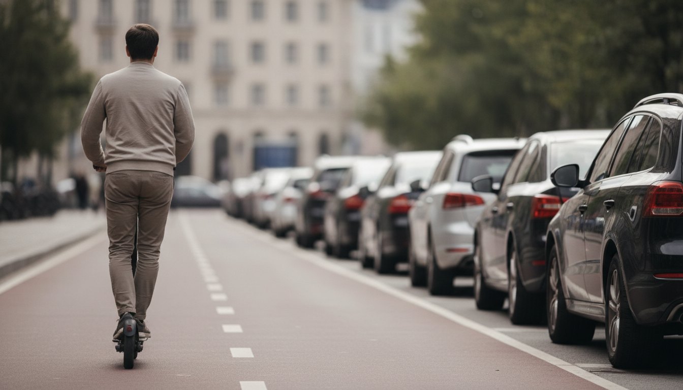 Pessoa conduzindo um patinete elétrico em uma ciclovia urbana ao lado de carros estacionados na rua.