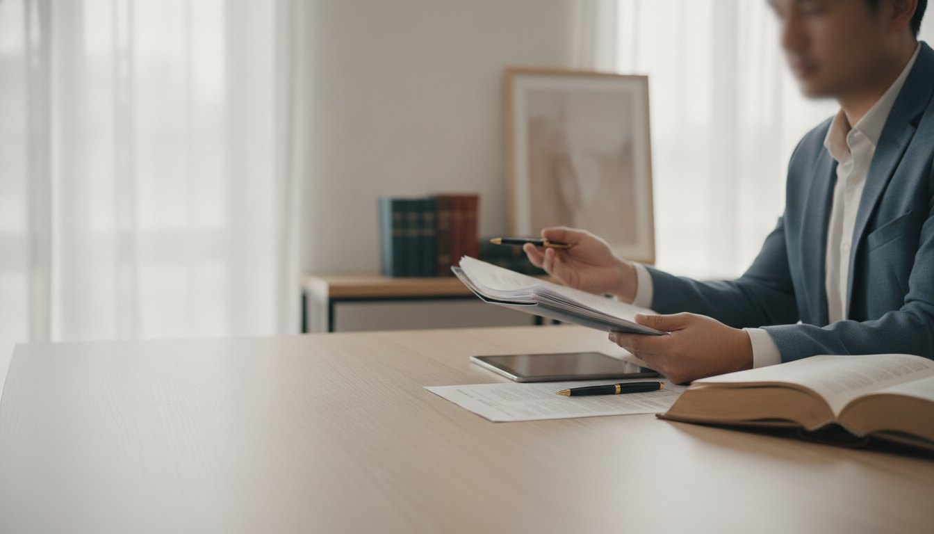 Pessoa segurando documentos enquanto conversa com um profissional em uma mesa de escritório.