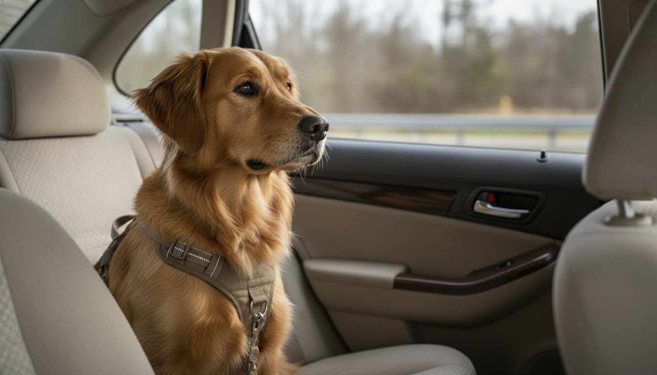 Cachorro usando cinto de segurança peitoral preso ao banco traseiro de um carro de passeio