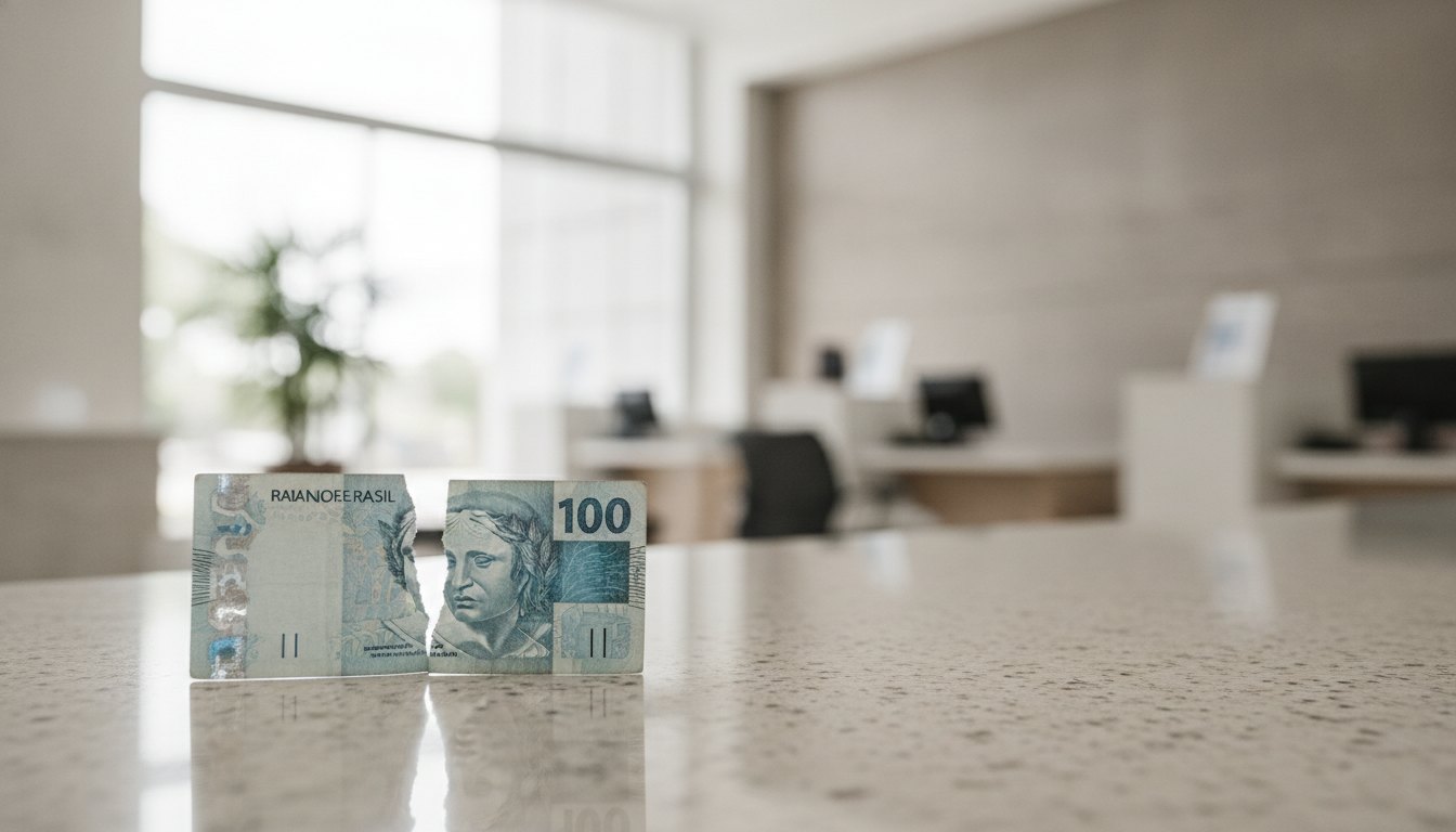 Mãos segurando uma cédula de real rasgada ao meio sobre o balcão de uma agência bancária