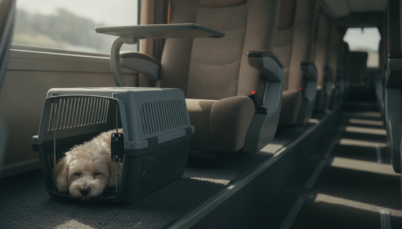 cachorro pequeno dentro de caixa de transporte rígida ao lado de poltrona de veículo rodoviário