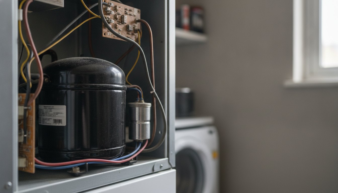 Parte traseira de uma geladeira com foco no compressor preto e peças elétricas conectadas.