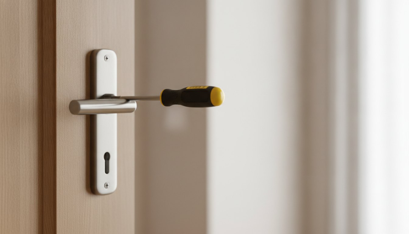 Profissional ajustando a dobradiça de uma porta interna de madeira com uma chave de fenda.