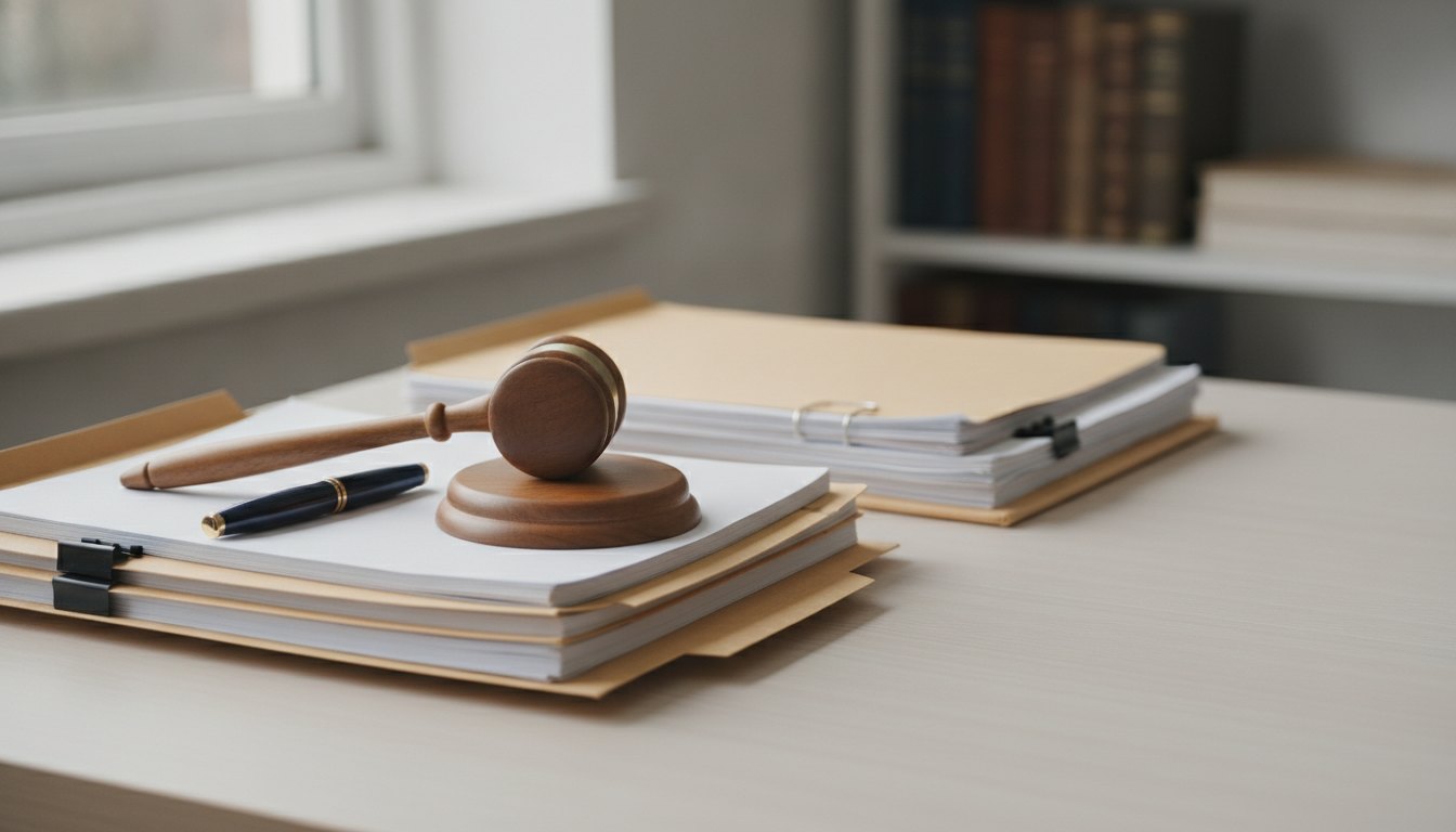 Mesa de escritório com documentos organizados, caneta e um martelo de madeira sobre a papelada.