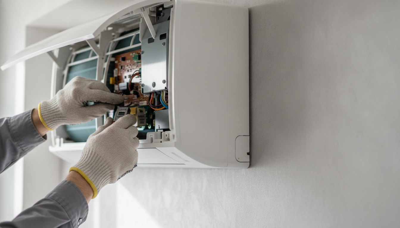 Técnico com luvas verificando o painel traseiro de um aparelho de ar-condicionado branco na parede.