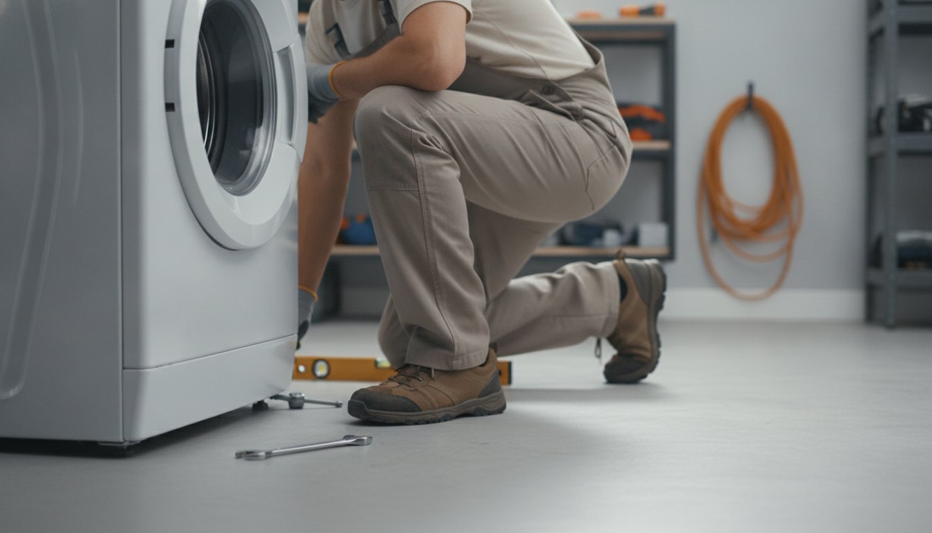 Pessoa abaixada ajustando os pés niveladores frontais de uma máquina de lavar roupas branca.