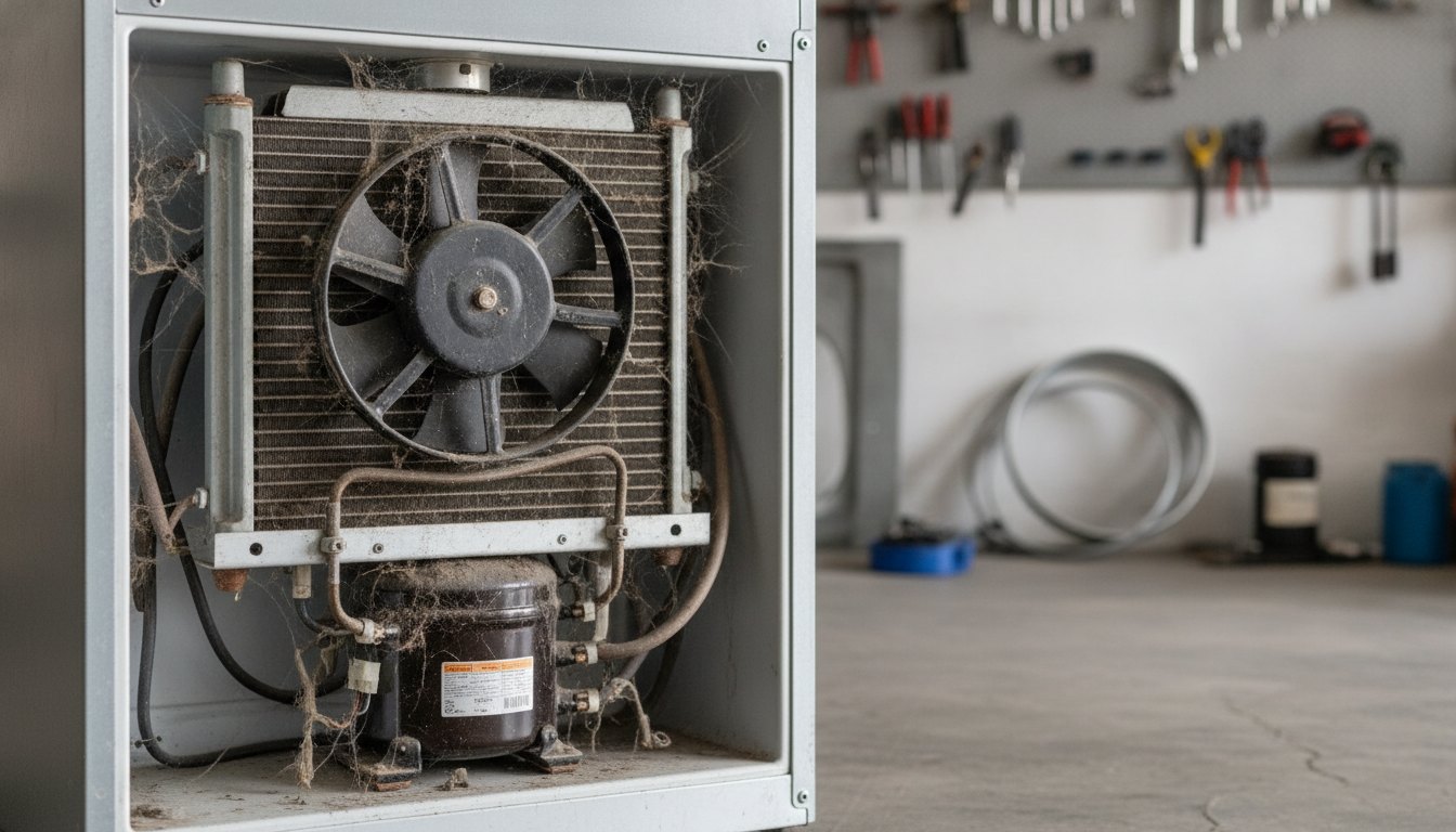 Traseira de uma geladeira com o motor exposto e acúmulo de poeira nas grades de ventilação.