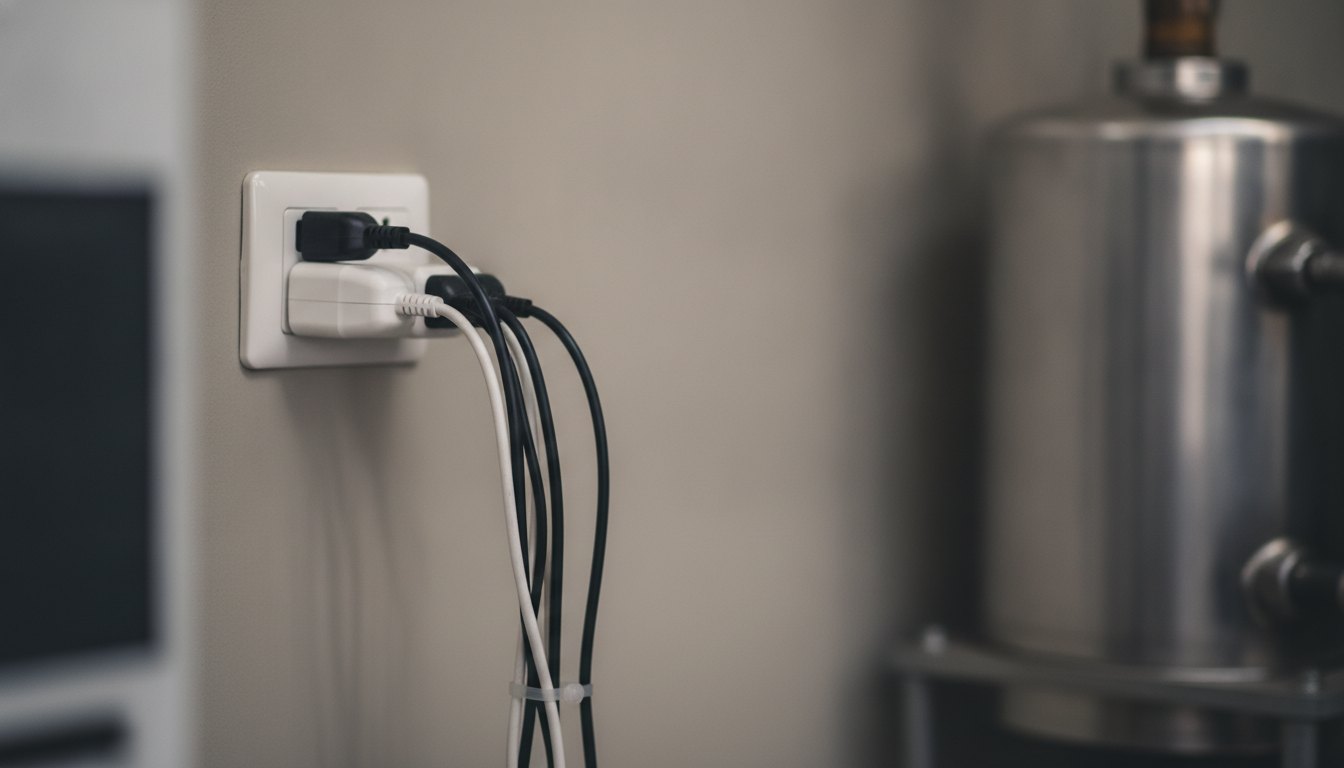Tomada de parede com um filtro de linha conectado a diversos cabos de energia