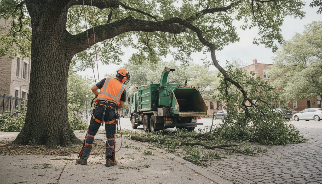 Trabalhador com equipamento de segurança cortando galhos de uma árvore grande na calçada de uma rua.