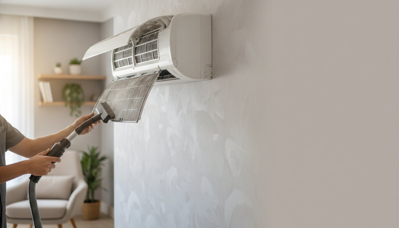 Técnico removendo o pó do filtro de um aparelho de ar-condicionado fixado na parede da sala.