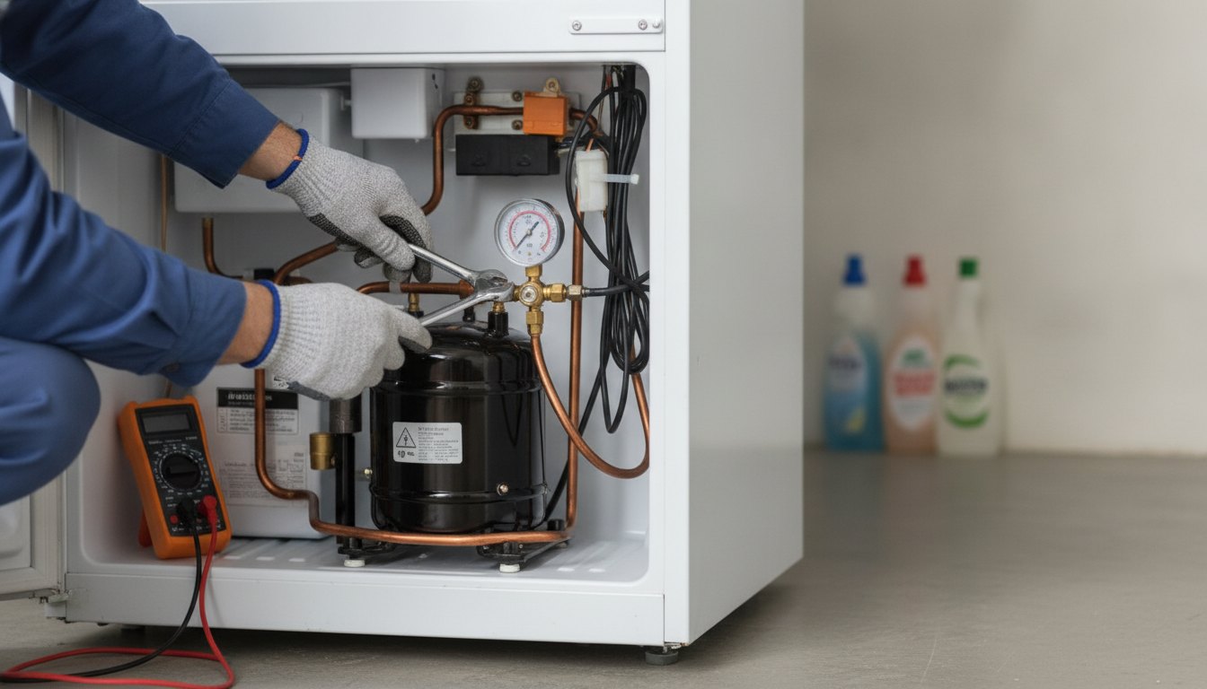 Técnico de manutenção inspecionando o motor compressor na parte inferior traseira de uma geladeira residencial.