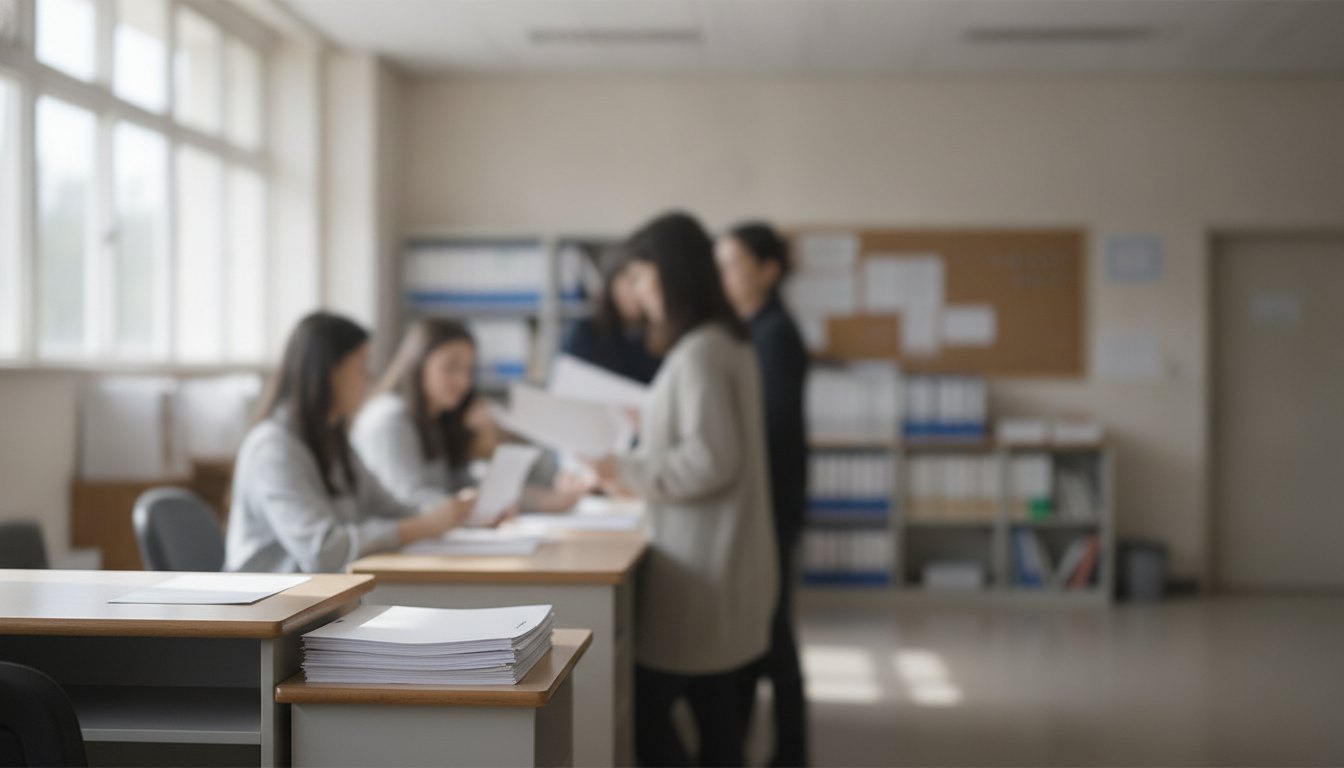 Pais e funcionários conversando na secretaria de uma escola enquanto preenchem papéis de matrícula.