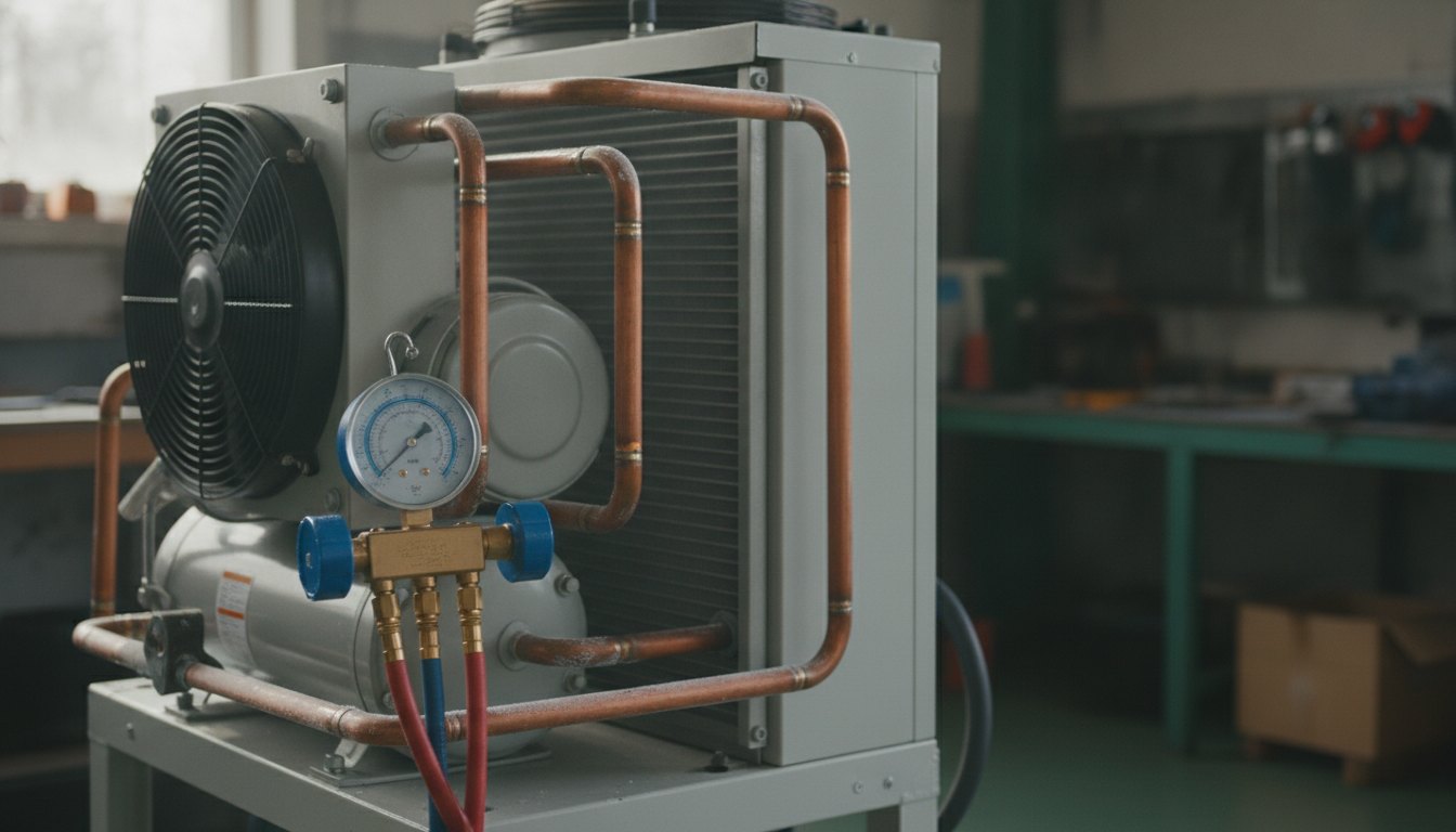 Técnico inspecionando a tubulação de cobre de um equipamento de refrigeração com um manômetro.