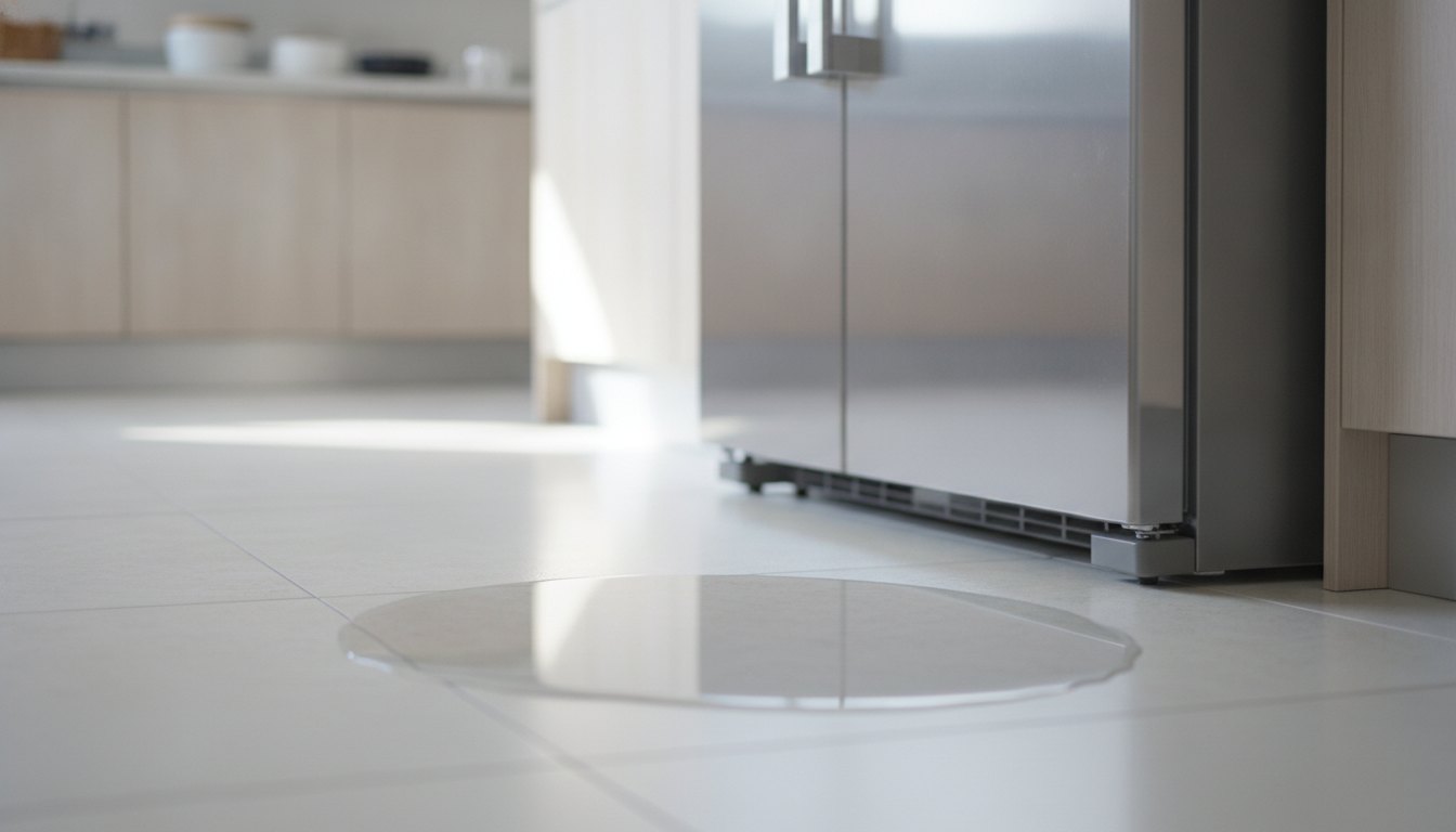 Poça de água limpa refletindo a luz no piso claro da cozinha, próxima a um eletrodoméstico.