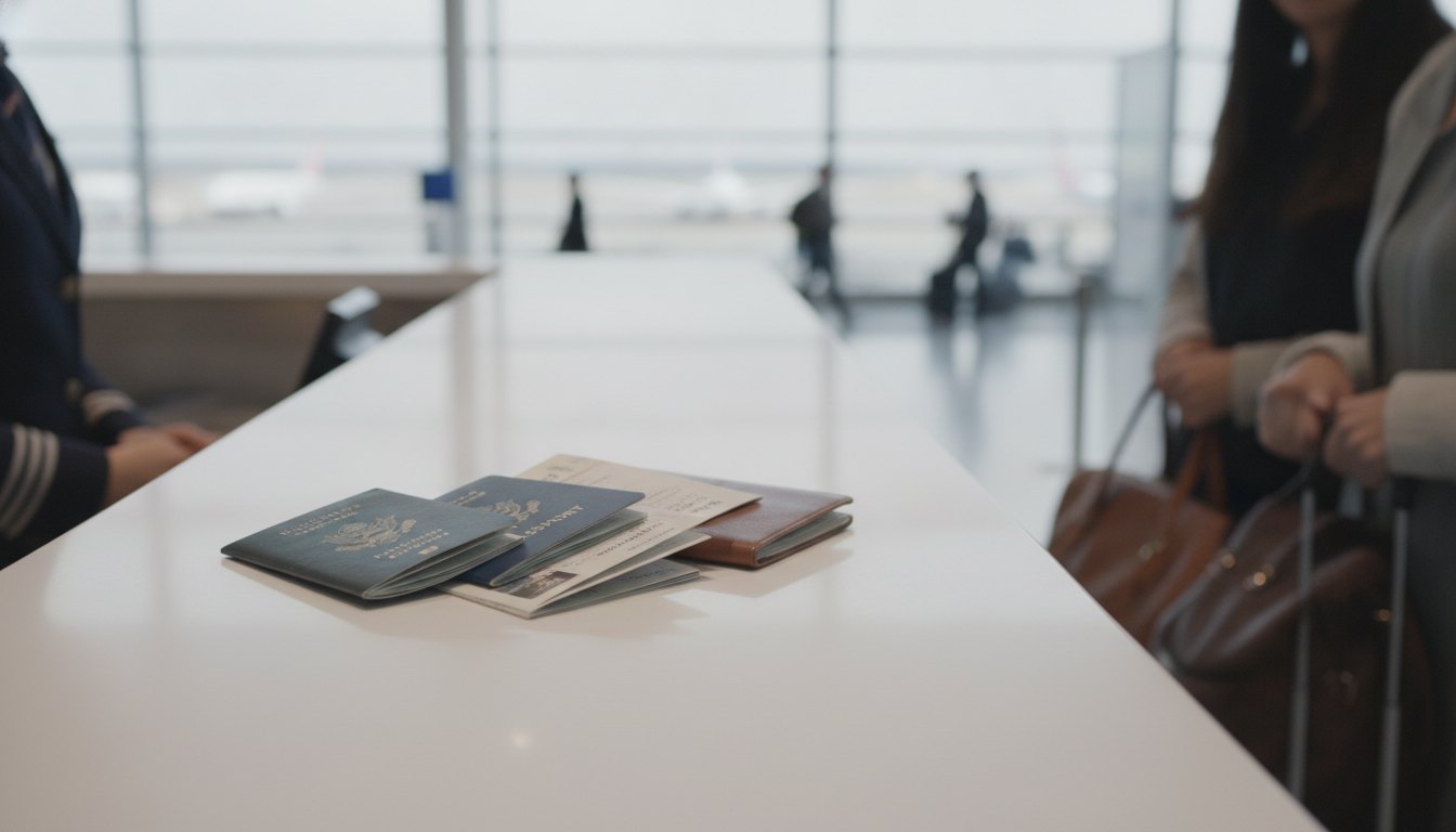 Família no aeroporto entregando documentos de identificação ao atendente no balcão de embarque